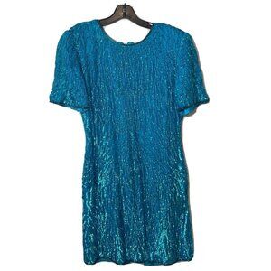 Laurence Kazar NY Womens Sequin Beaded Cocktail Dress Turquoise M Back Zip 90s